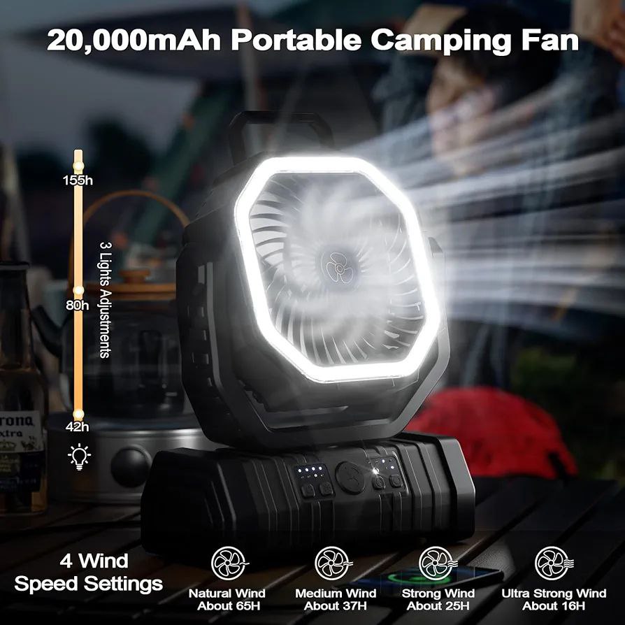 پنکه شارژی کمپینگ مدل F6 با چراغ LED و کنترل از راه دور | ظرفیت باتری ۲۰۰۰۰mAh
